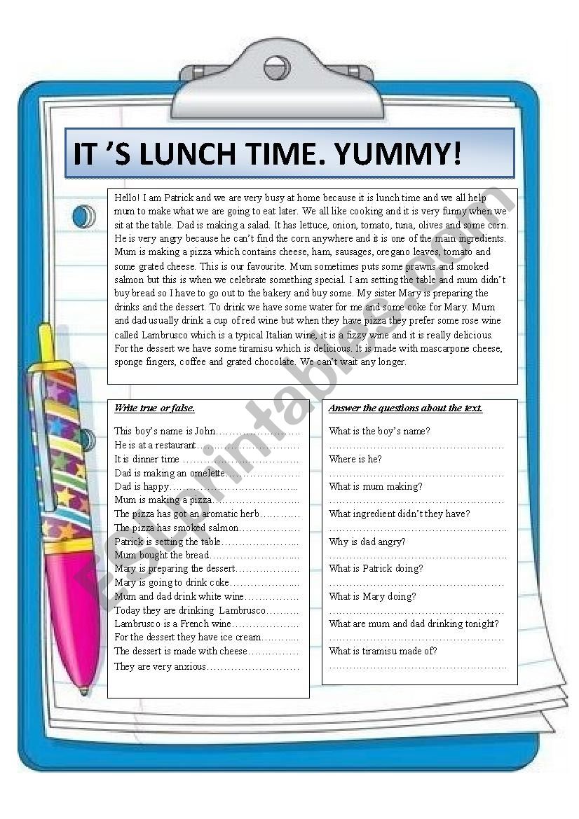 its lunch time. Yummy. worksheet