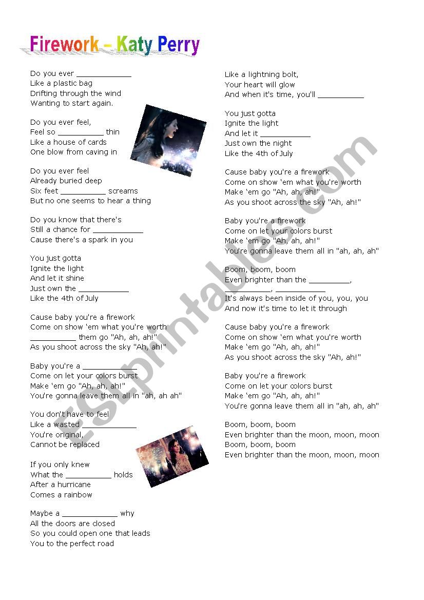 Song Firework - Katy Perry worksheet