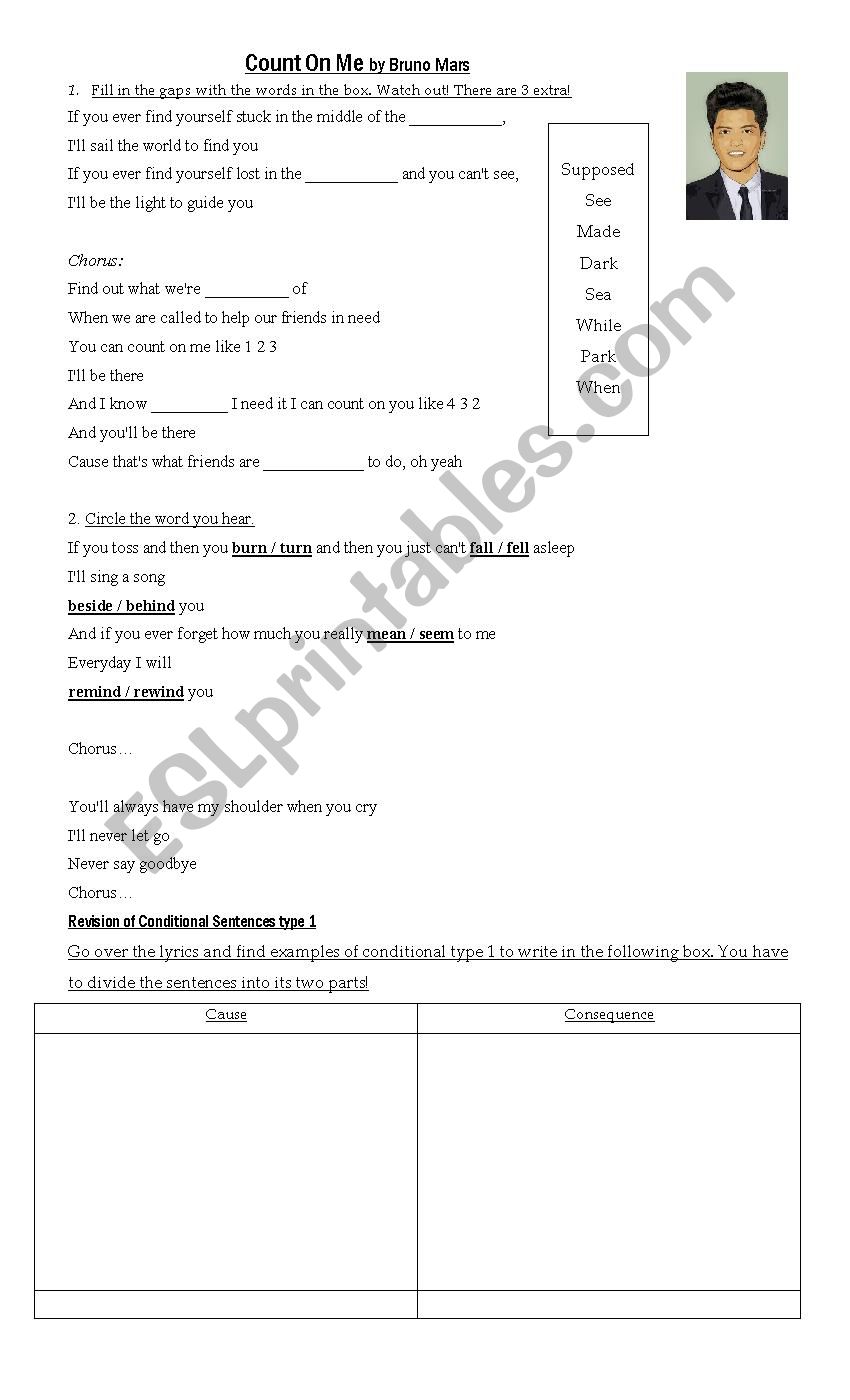 Count on me by Bruno Mars worksheet