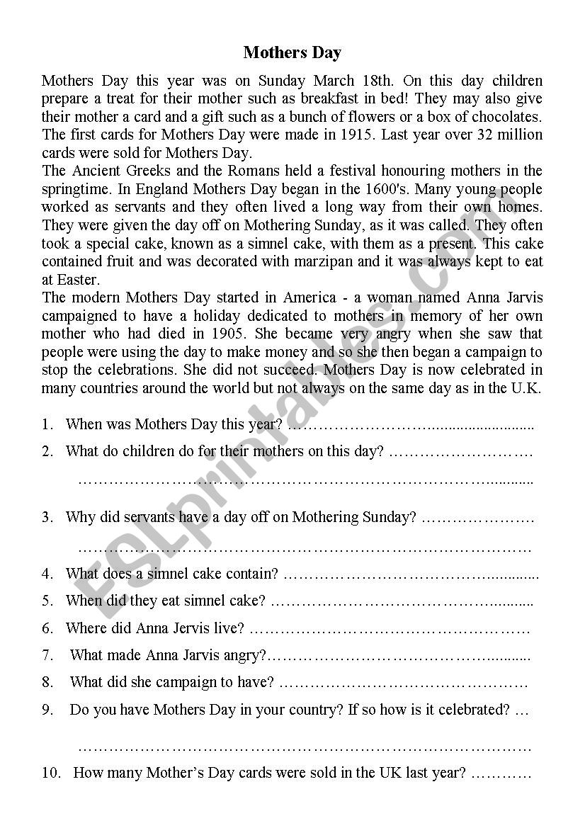 Mothers Day worksheet