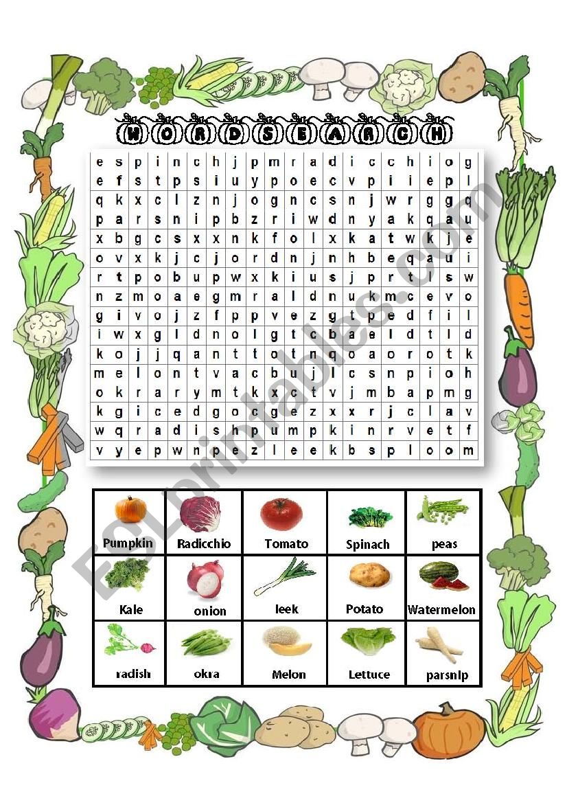 vegetables wordsearch game worksheet