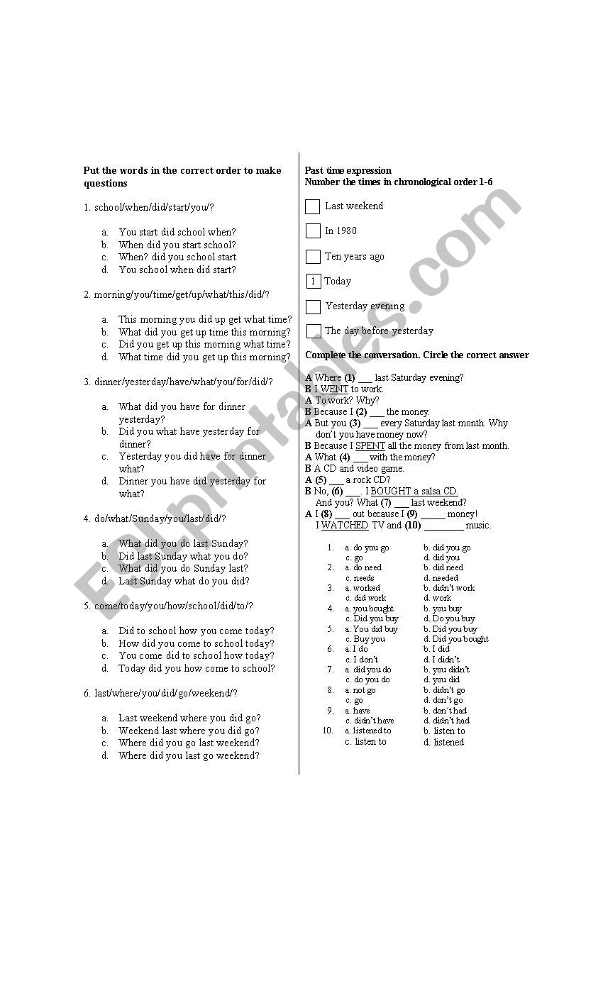 Past simple exam worksheet