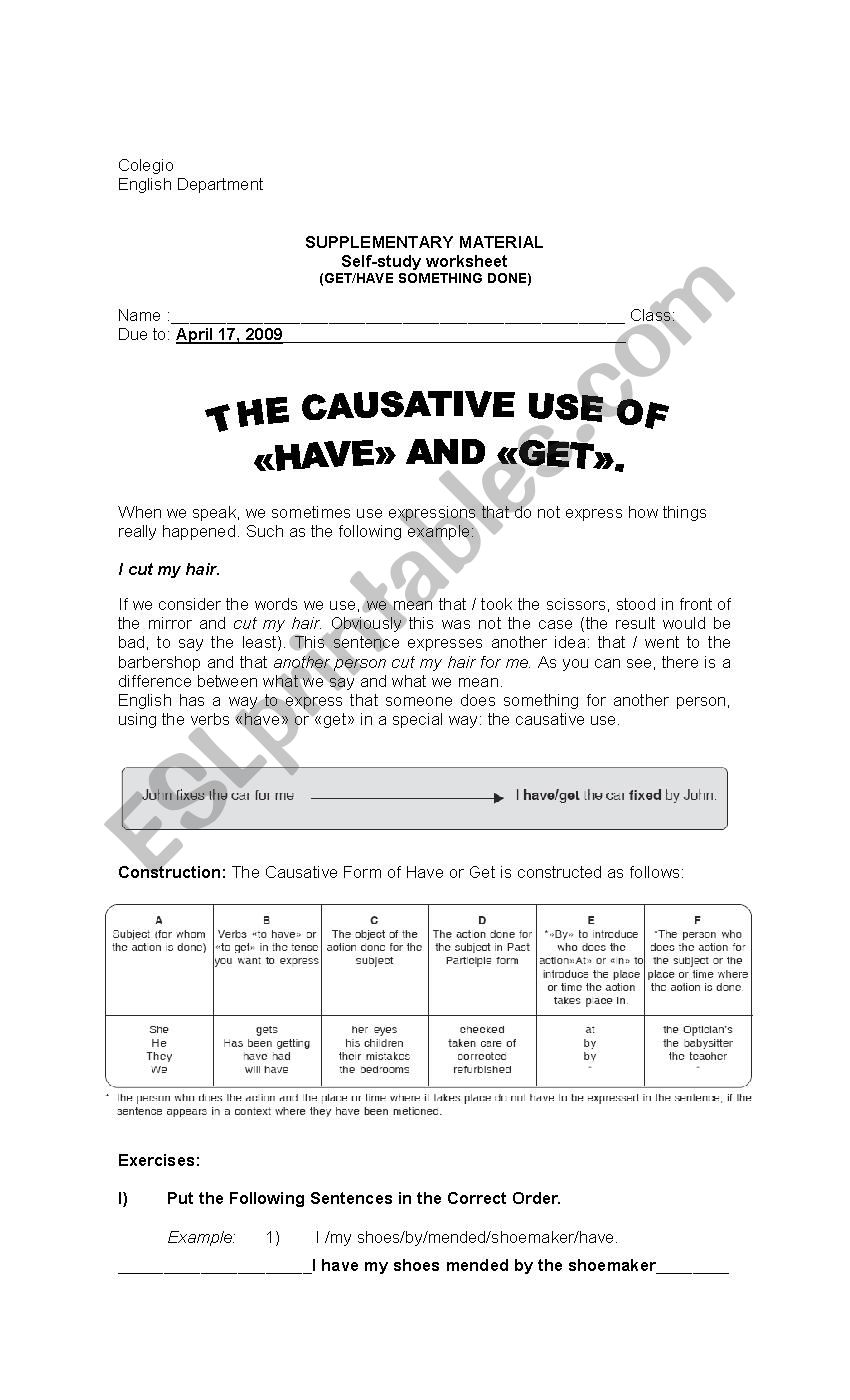 CAUSATIVE HAVE AND GET worksheet