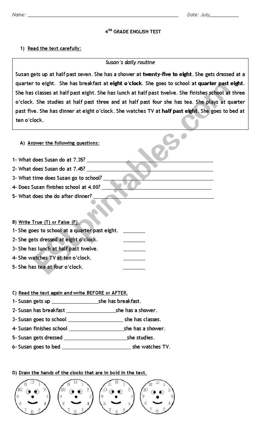 4th grade exam worksheet