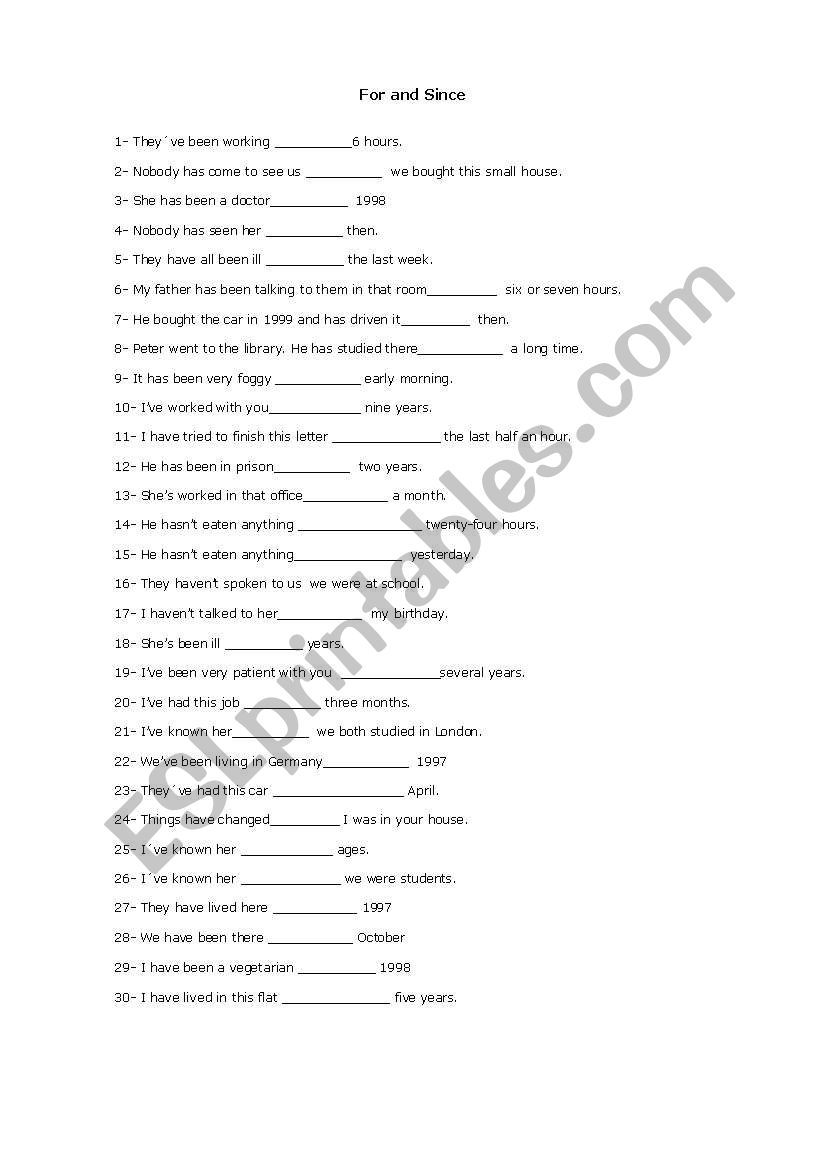 FOR or SINCE? worksheet