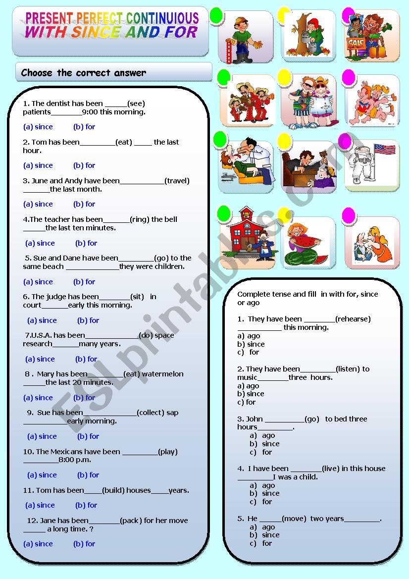 PRESENT PERFECT CONTINUOUS WITH SINCE AND FOR  WITH ANSWER KEY