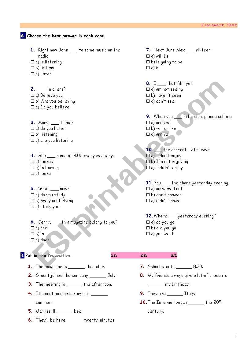 Placement Test worksheet