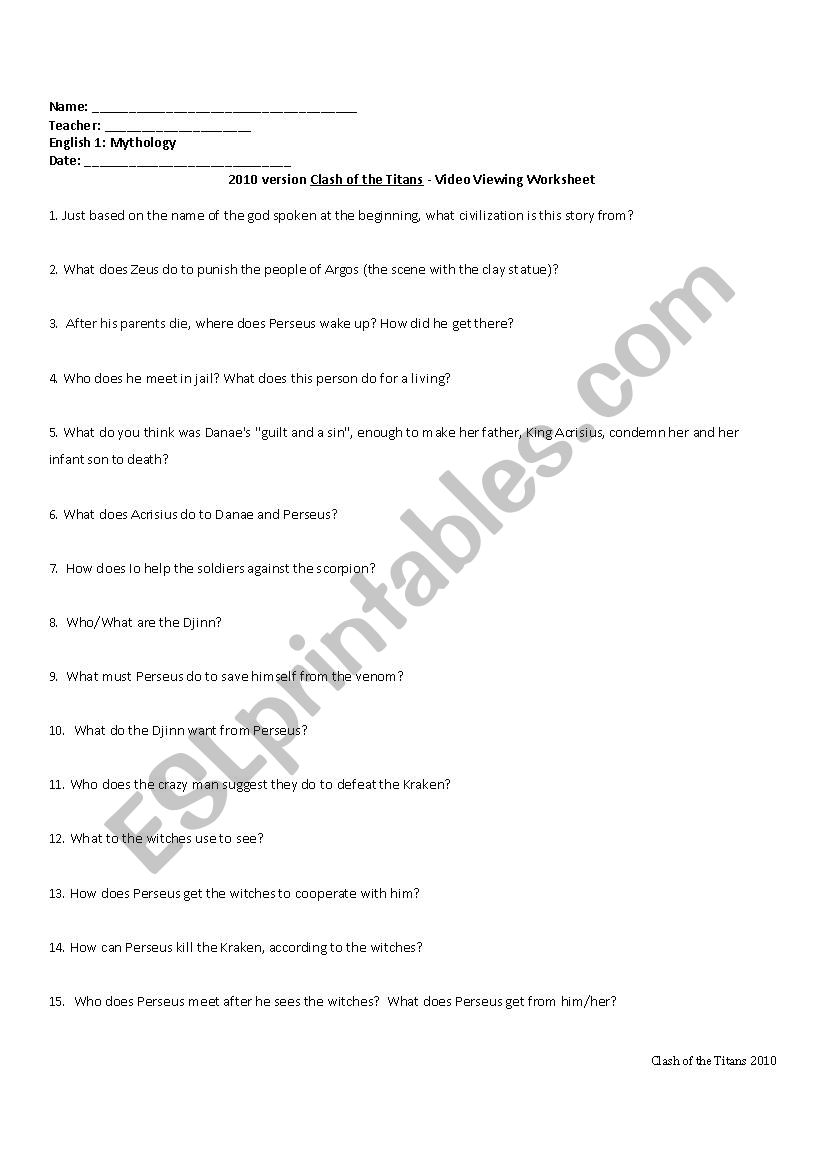 Clash of the Titans 2010 Viewing Worksheet