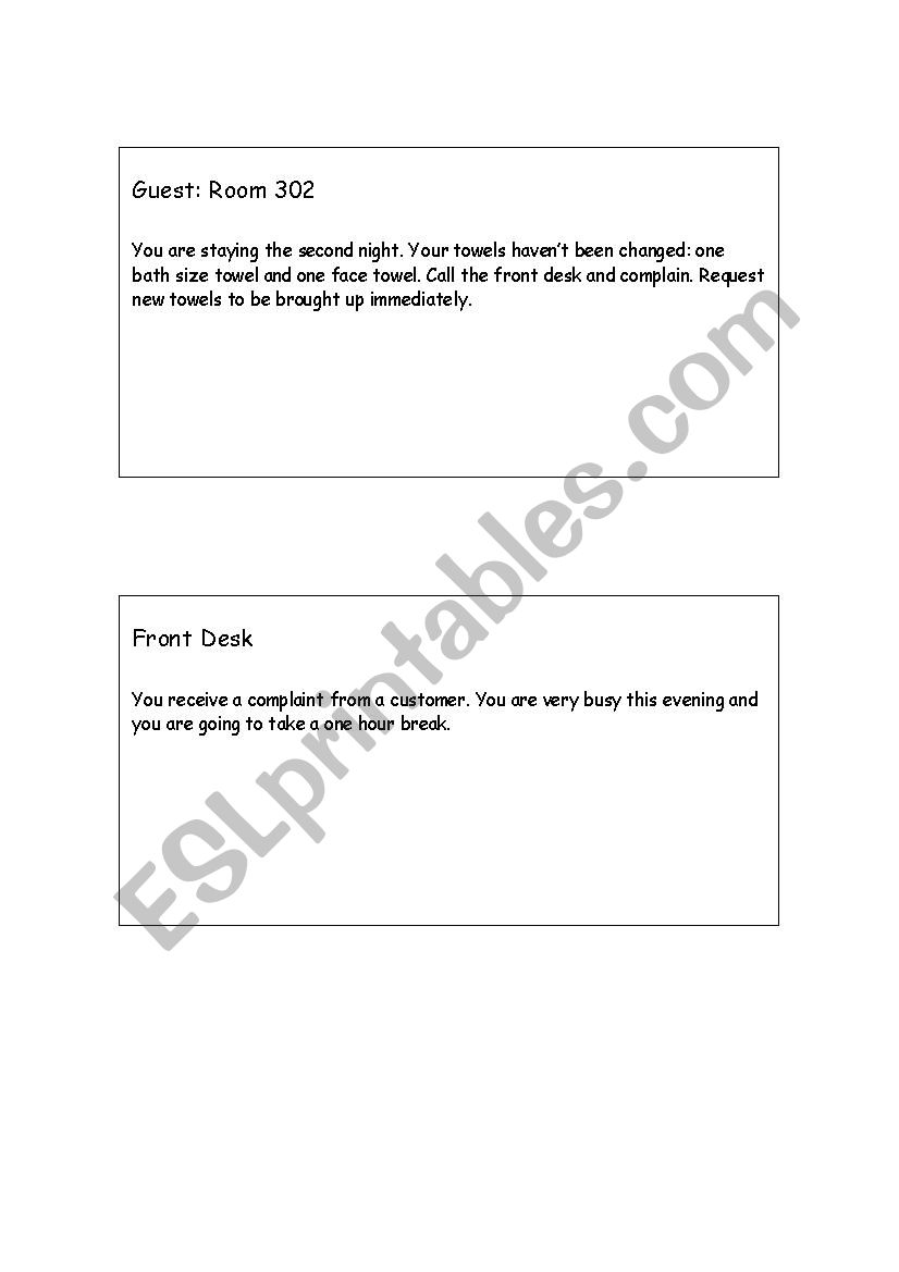 Hotel Complaints Roleplays worksheet