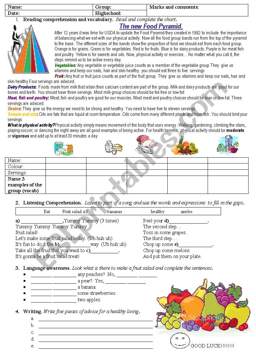 food pyramid- fruit salad song- there is there are - should shouldnÂ´t for advice