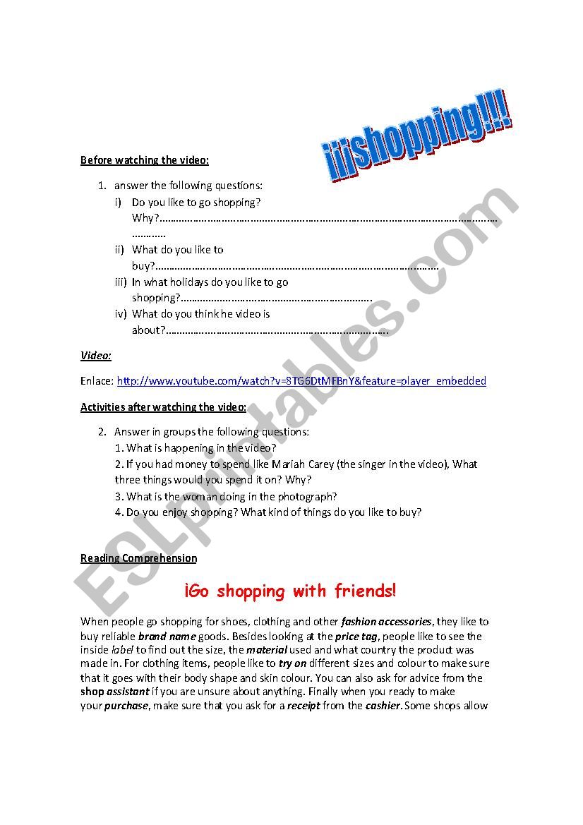 Shopping vocabulary worksheet