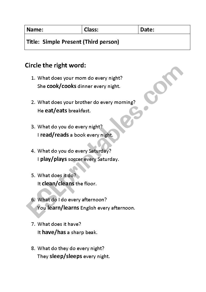 Simple Present worksheet, focusing on third person singular