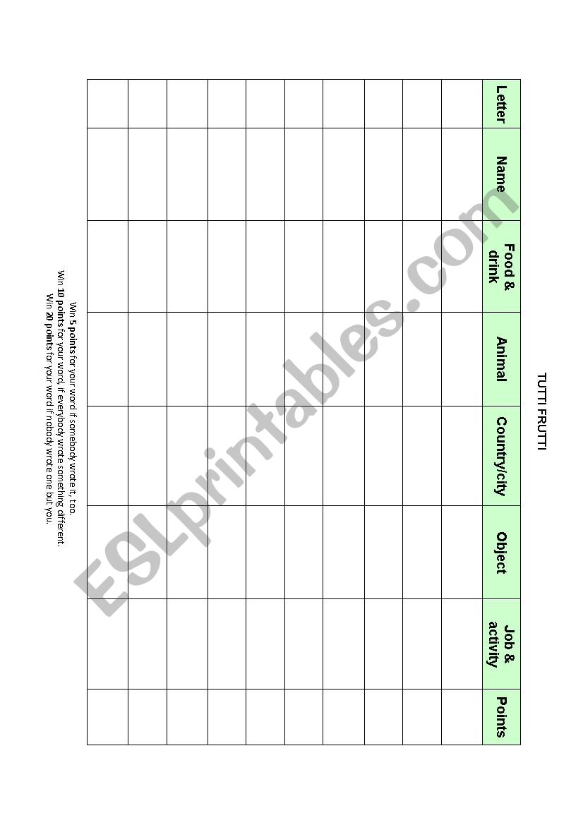 Tutti Frutti worksheet