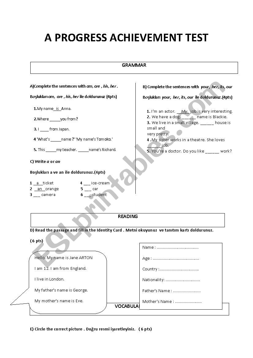 a test for young learners in Turkey for A1 level