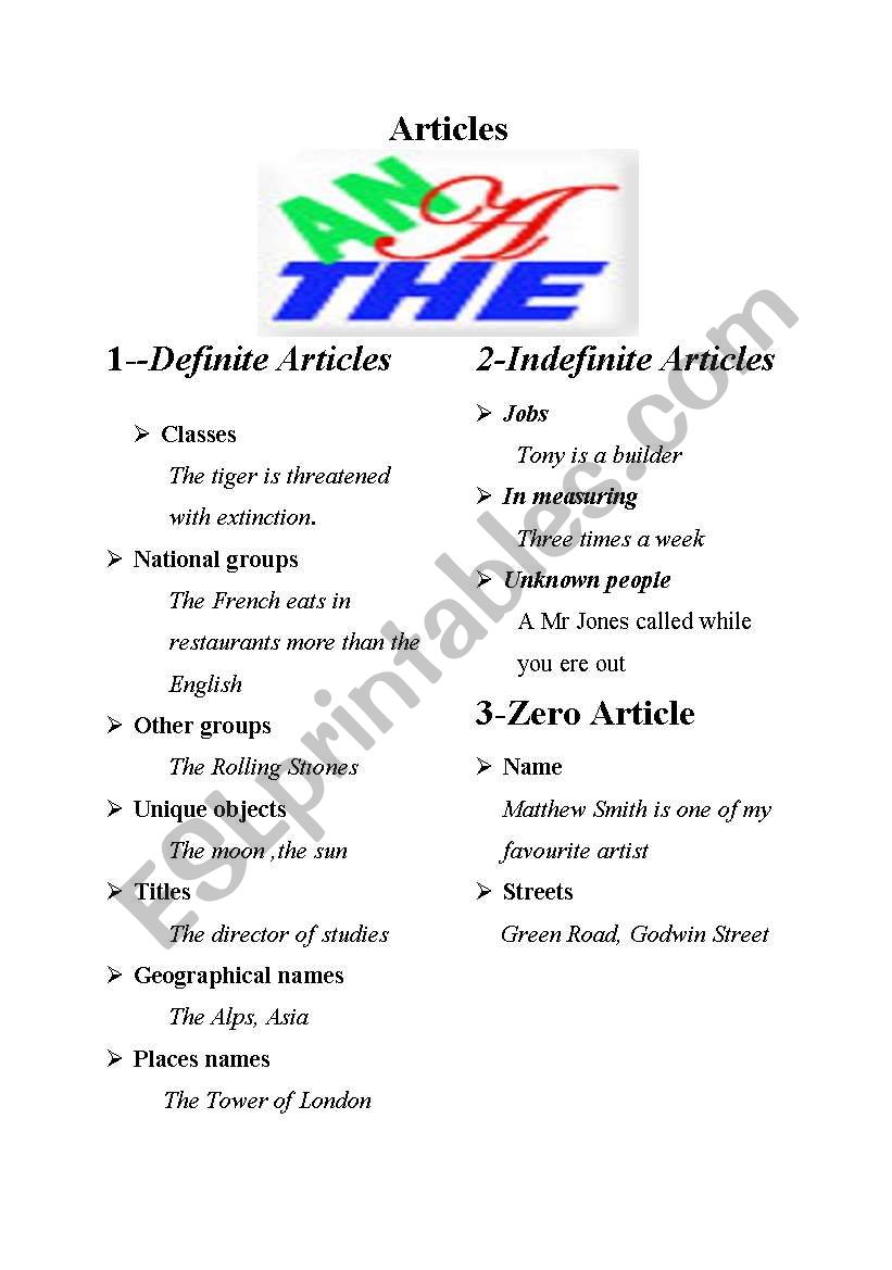 articles worksheet