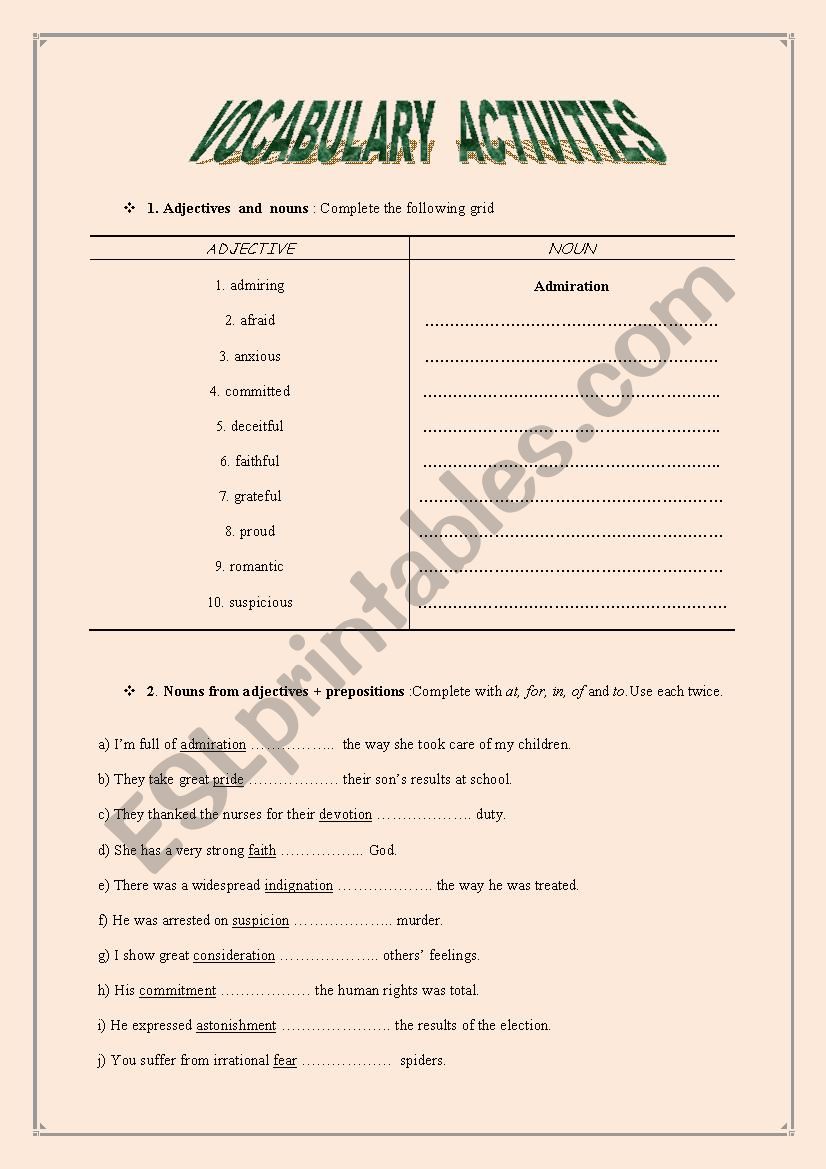 4 exercises, 2 pages, key included, about nouns, verbs,  adjectives and prepositions