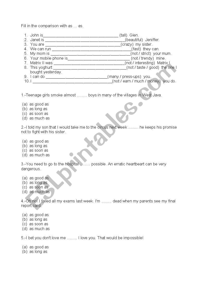 compariosn exercises worksheet