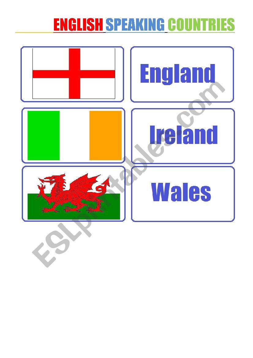 English Speaking Countries 3 pages, 18 cards!!!