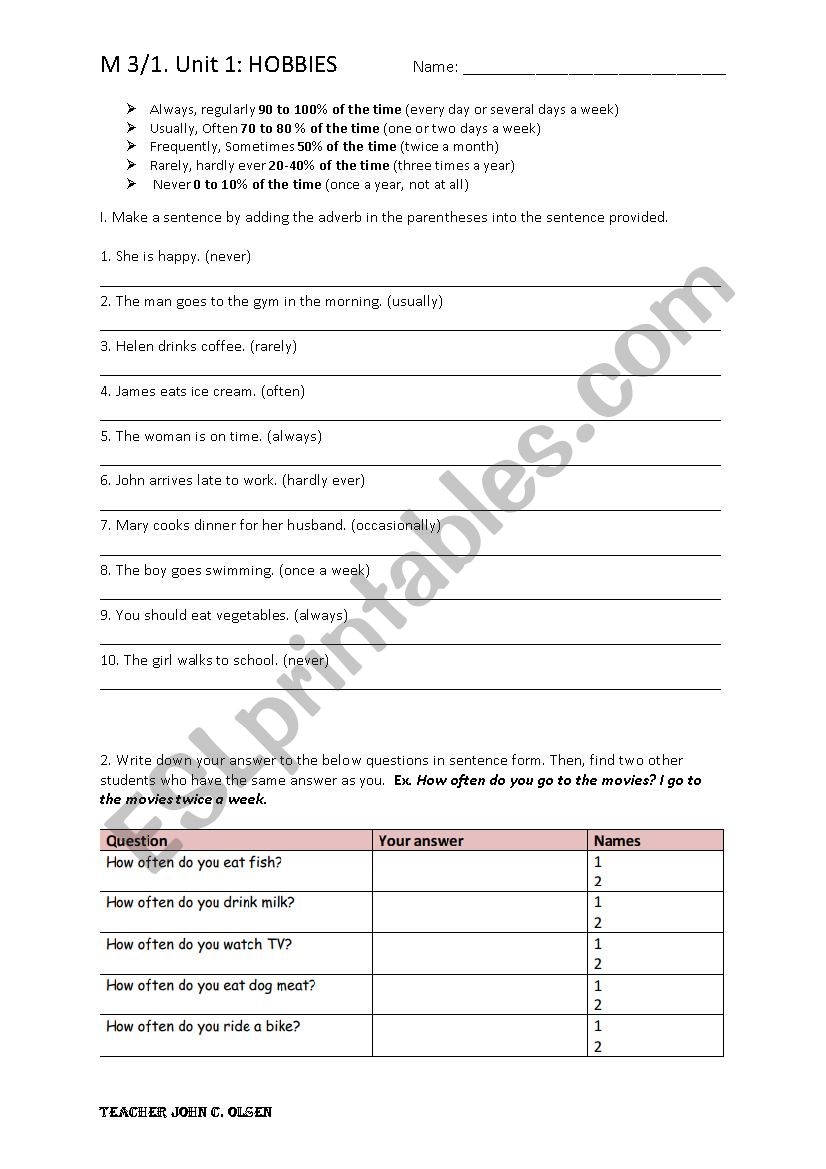 Hobbies: adverbs of frequency worksheet