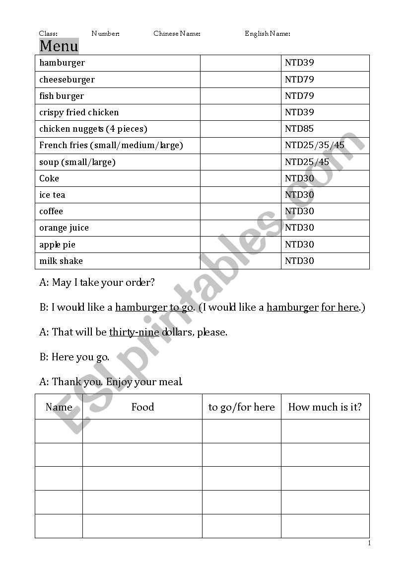 Dialogue Practice - Ordering worksheet