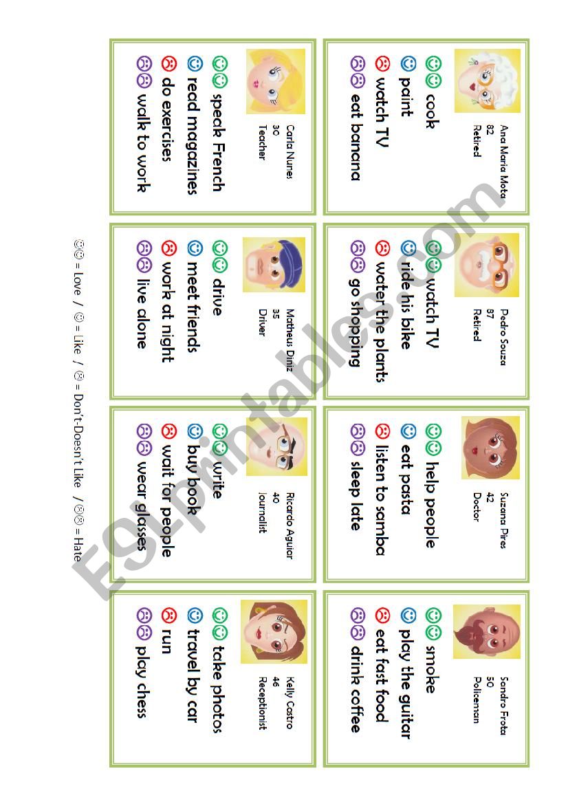 Speaking cards - Likes and Dislikes (preferences)