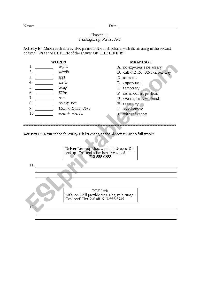 Reading Help-Wanted Ads worksheet