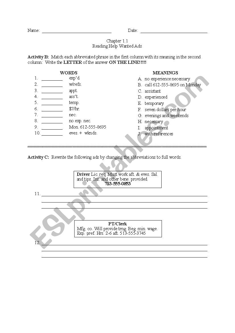 Reading help wanted ads esl worksheet by mad 27858