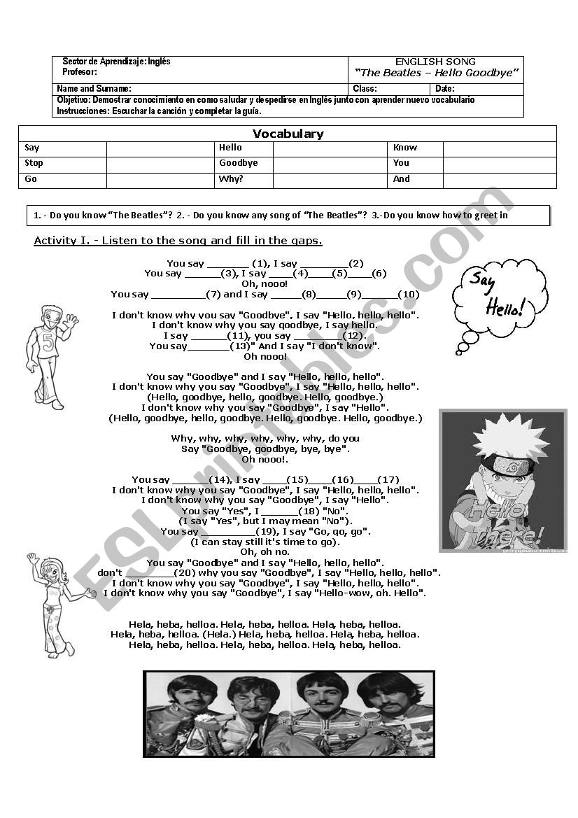 The Beatles Hello Good Bye worksheet