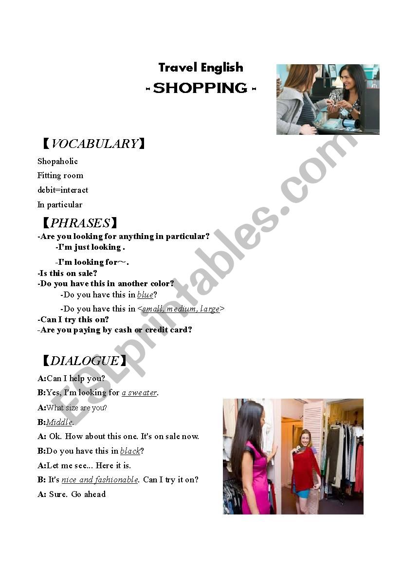 Travel English - Shopping- worksheet