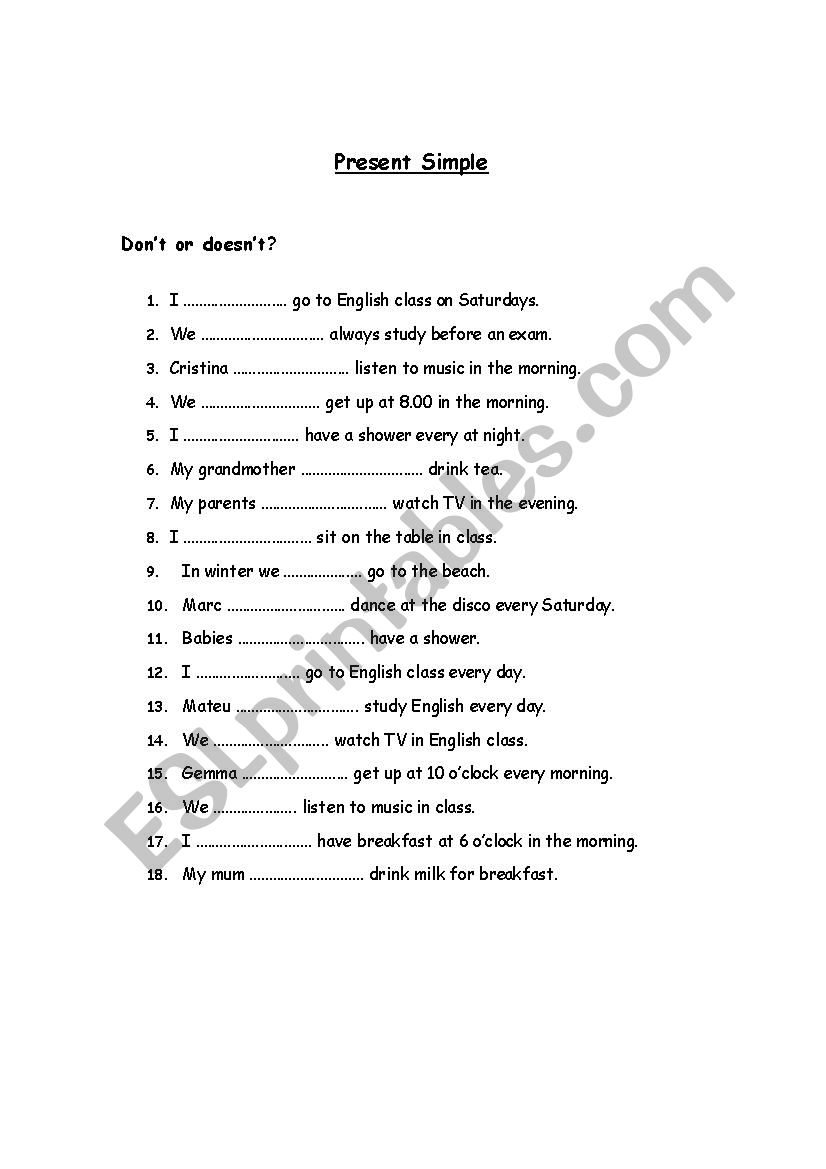 Present simple negatives worksheet