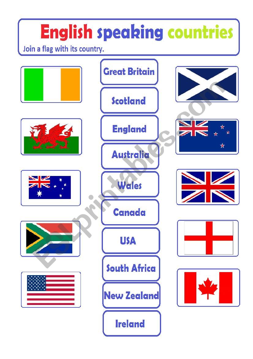 English Speaking Countries - join a flag to its country