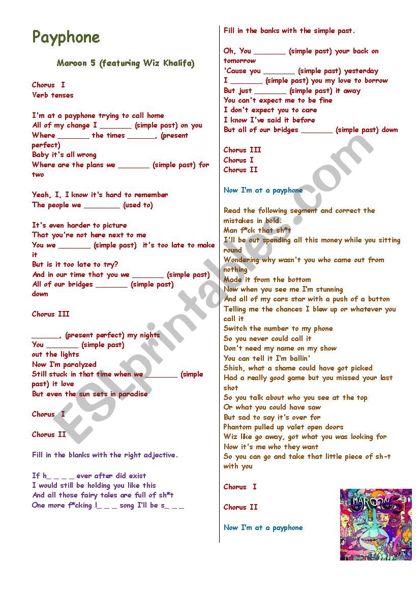 Working with verb tenses, adjectives and error correction : Song - Payphone (Maroon 5) - with B&W copy and answer sheet