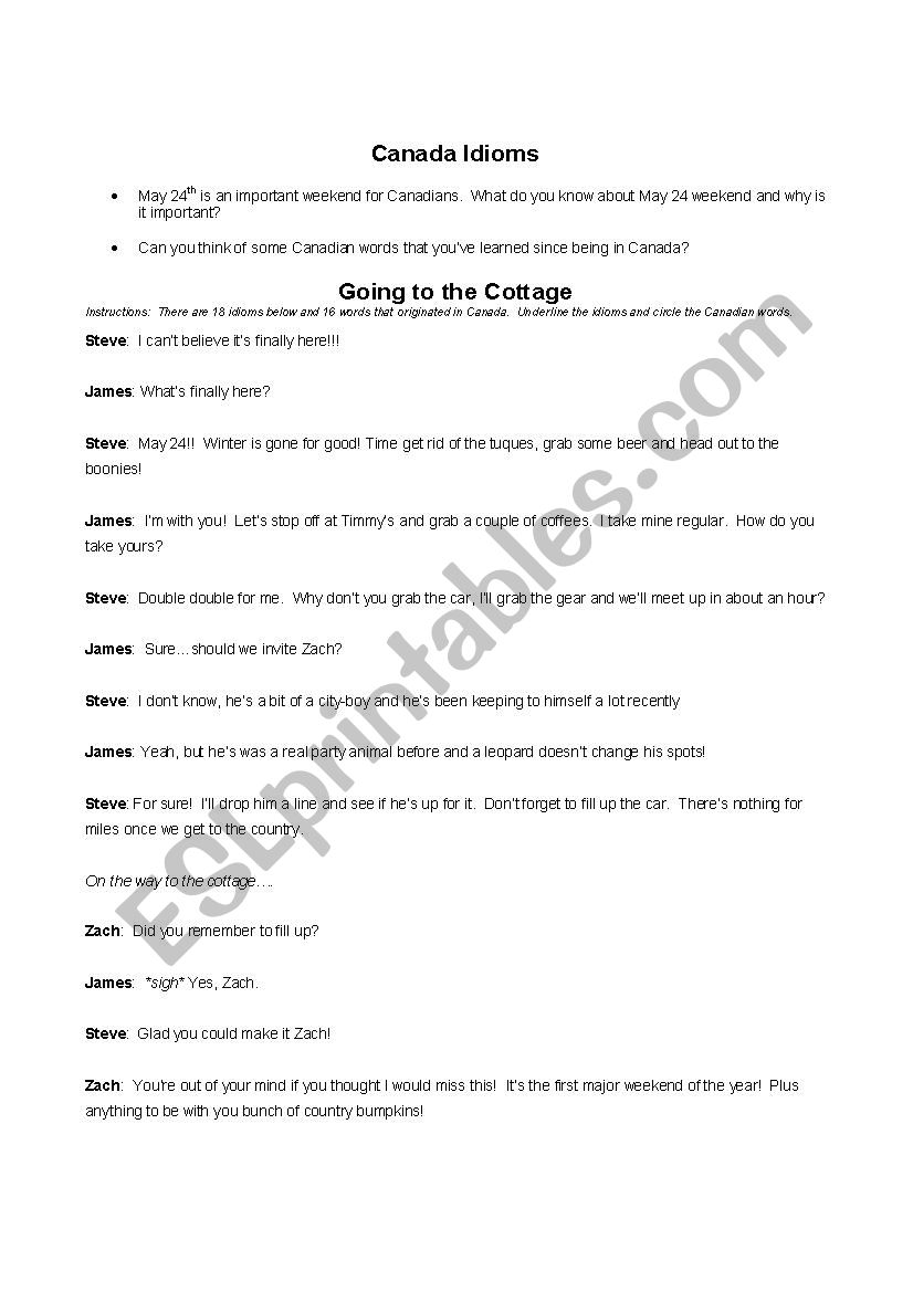 Canada Idioms worksheet