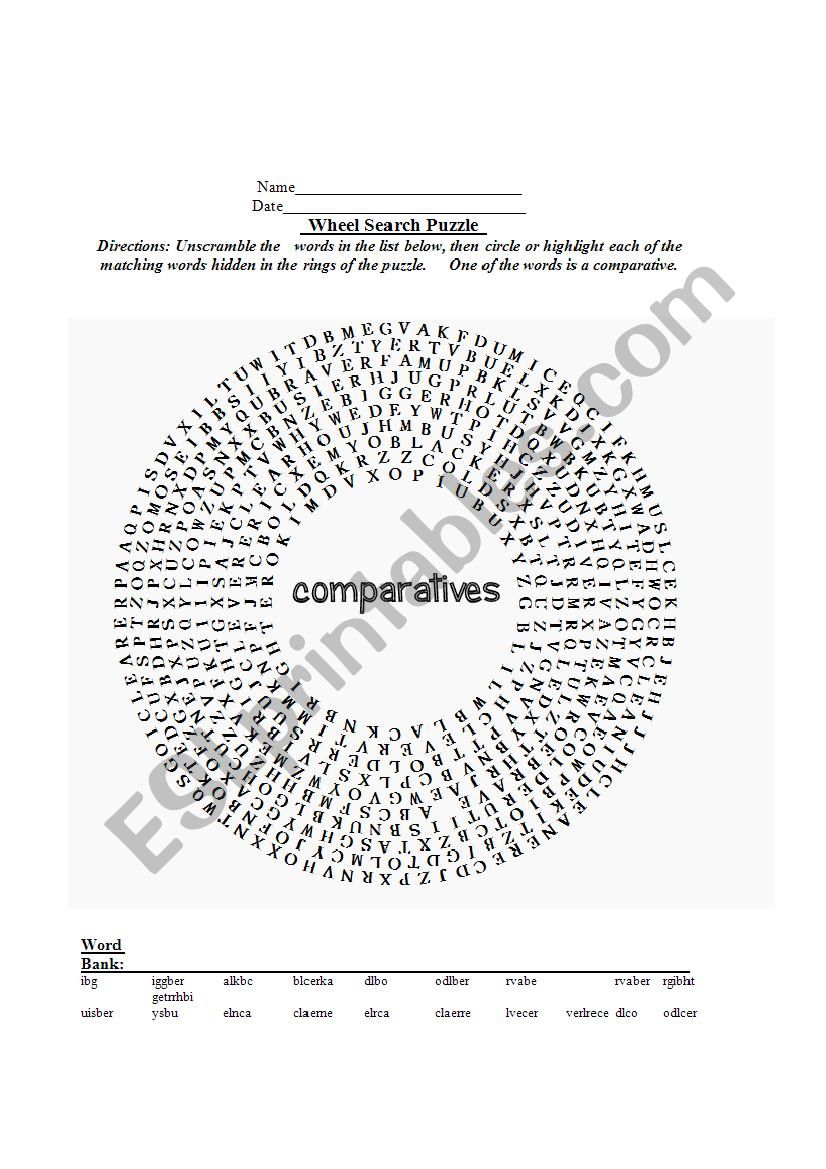 Wheel search of comparatives worksheet