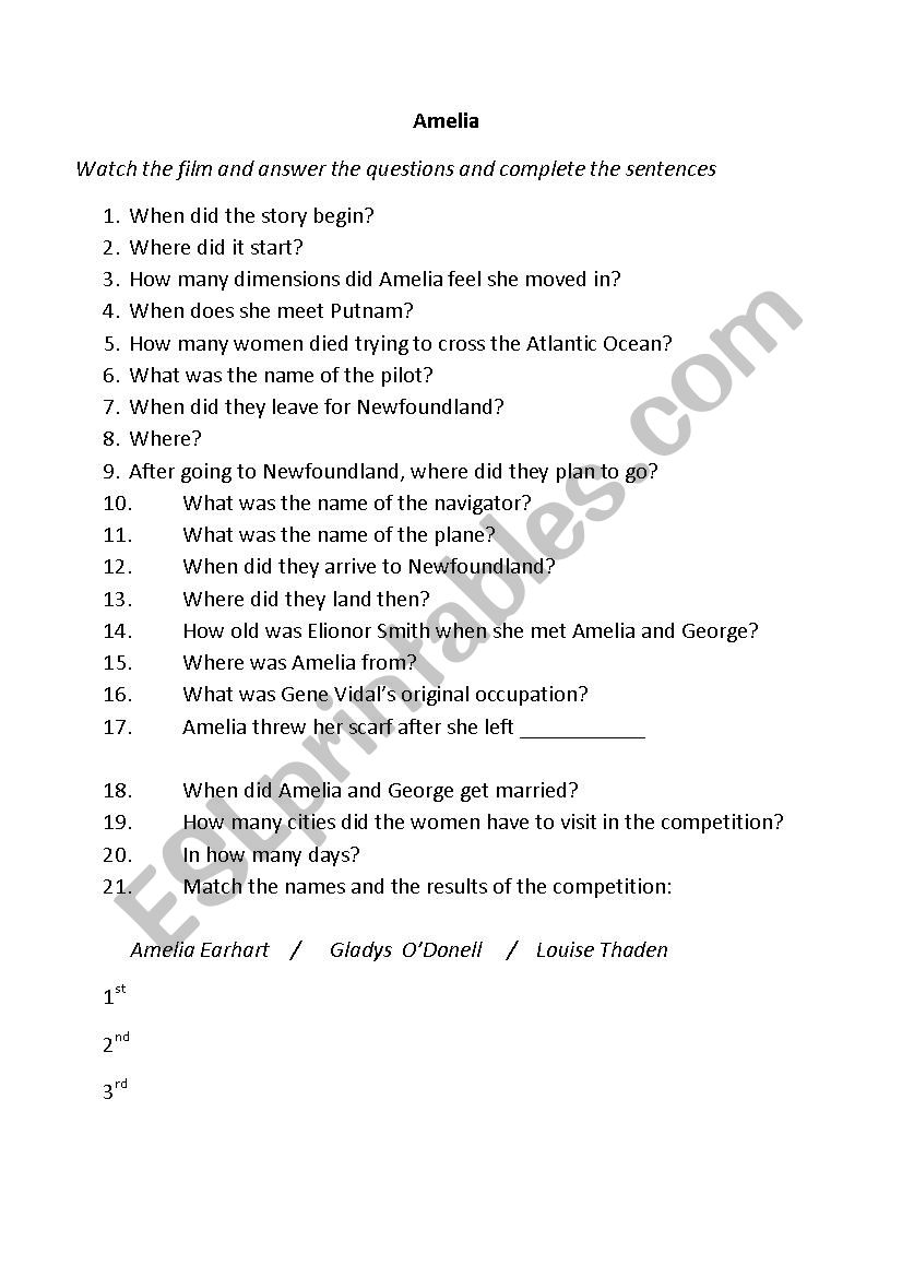 Amelia - Film based on Amelia Earharts biography - Worksheet