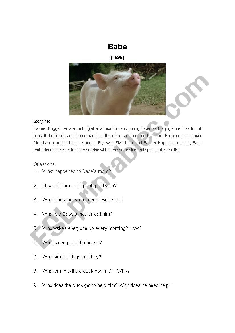 Movie Questions - Babe (1995) worksheet