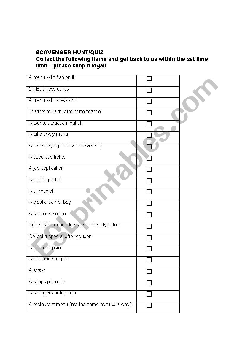 Around Town Scavenger Hunt worksheet