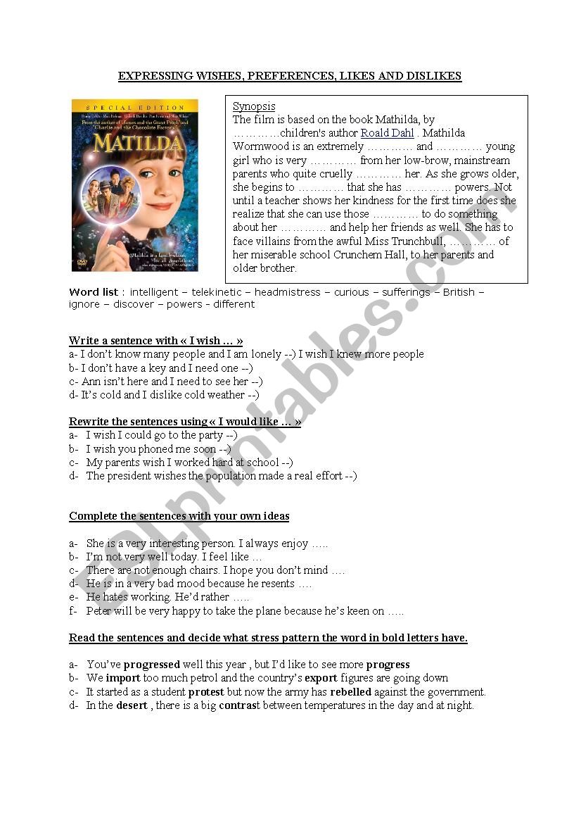 MATILDA + EXPRESSING WISHES worksheet