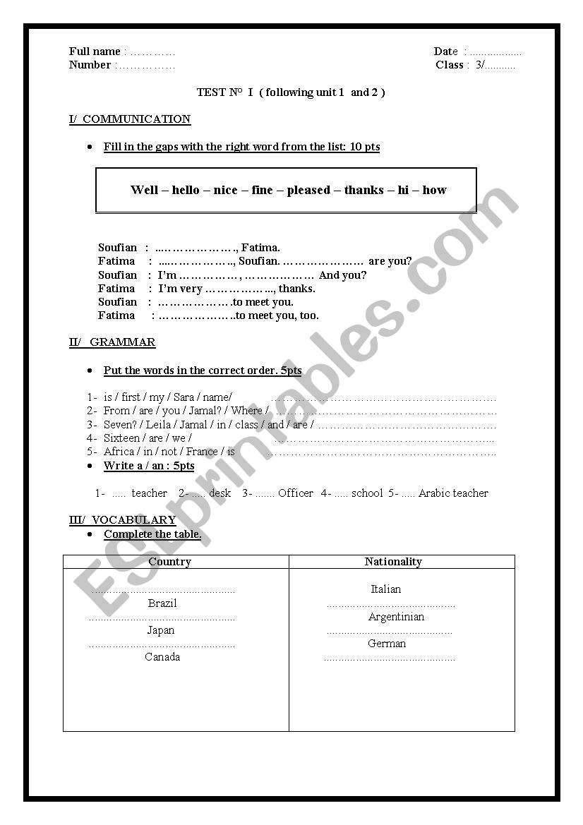 quizz worksheet