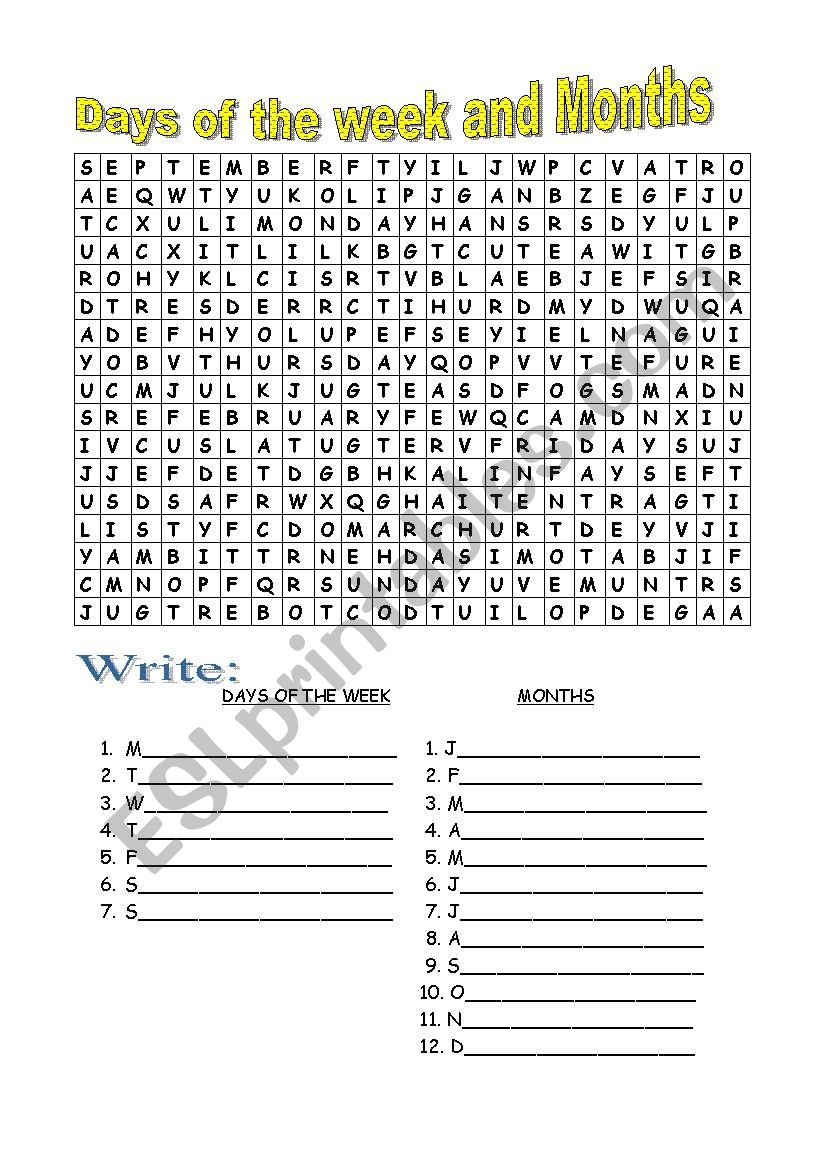 Days of the week & Months Wordsearch