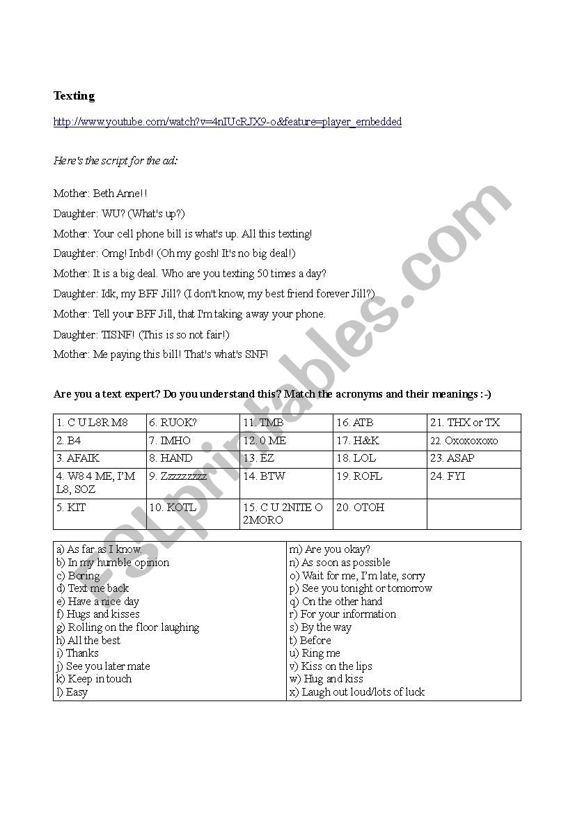 The language of texting worksheet