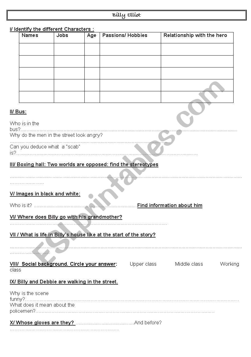 Billy Elliot worksheet 1 worksheet