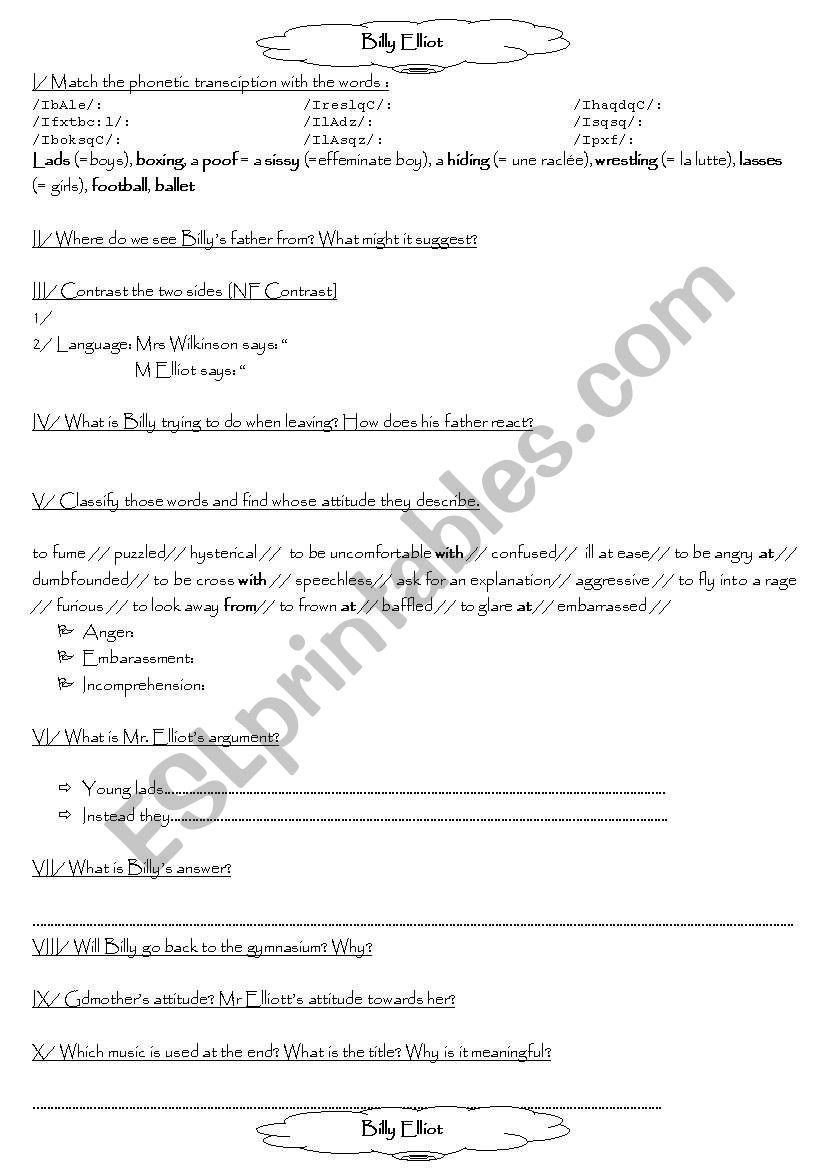 Billy Elliot worksheet 2 worksheet