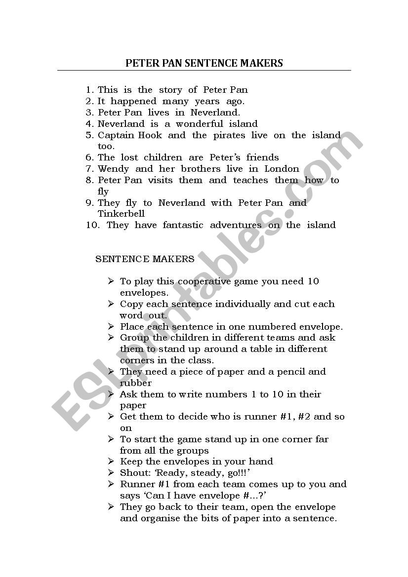 PETER PAN SENTENCE MAKERS worksheet