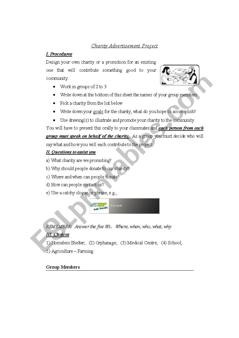 Charity Project worksheet