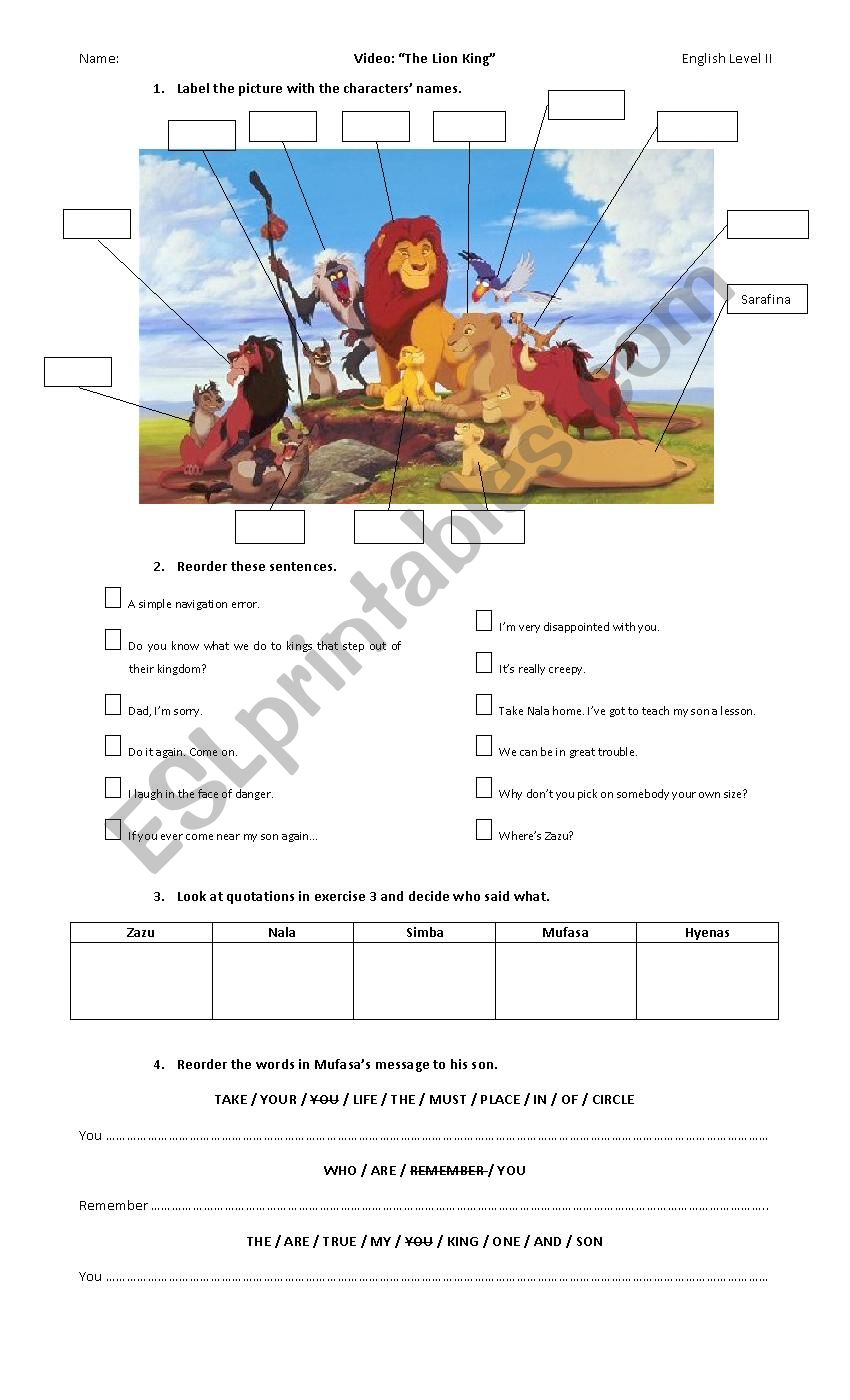 Movie: The Lion King worksheet