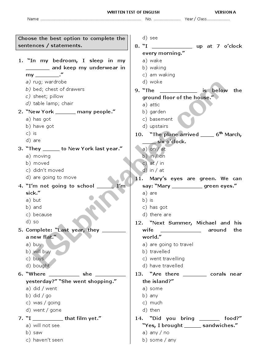 7th grade test multiple choice