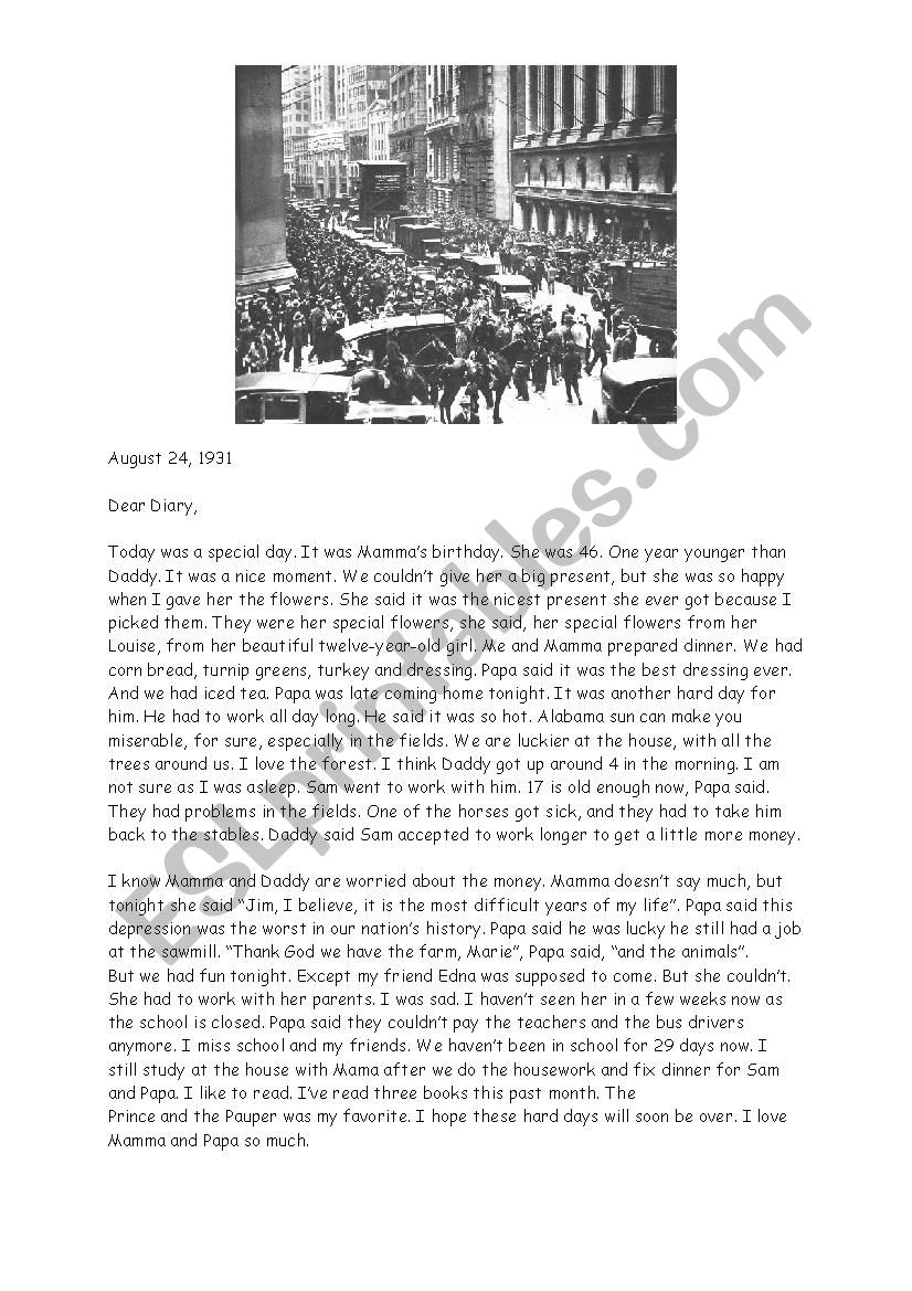 WALL STREET CRASH 1929 worksheet