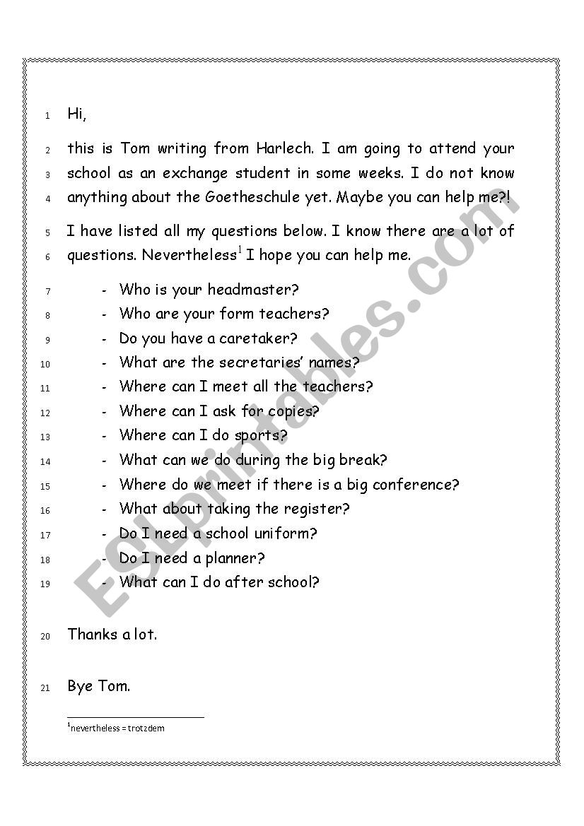 e-Mail to Tom worksheet