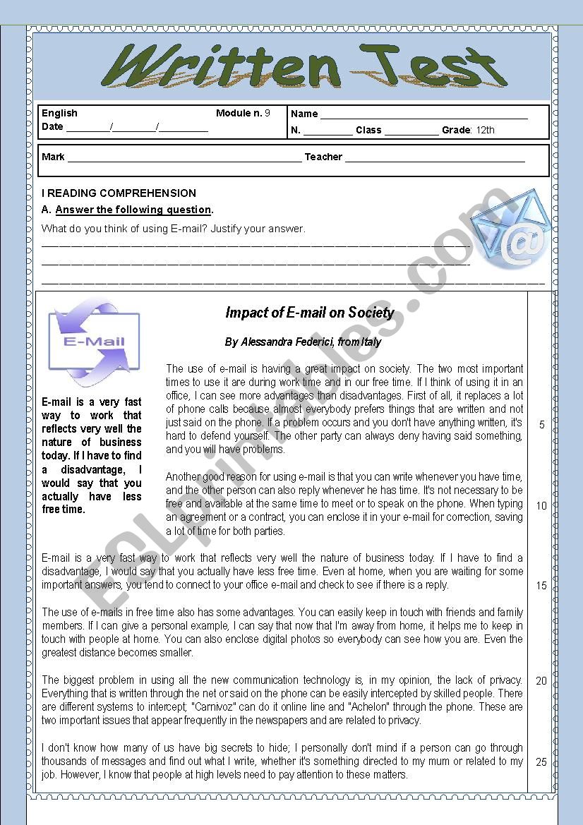 Impact of E-mail on society worksheet